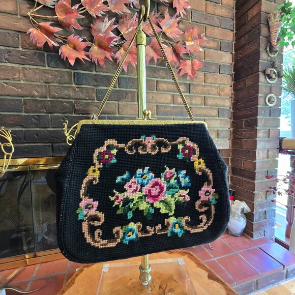Vintage Handbags - Vintage Black & Floral Needlepoint / Tapestry Bag with Gold Embossed Metal Hardw
